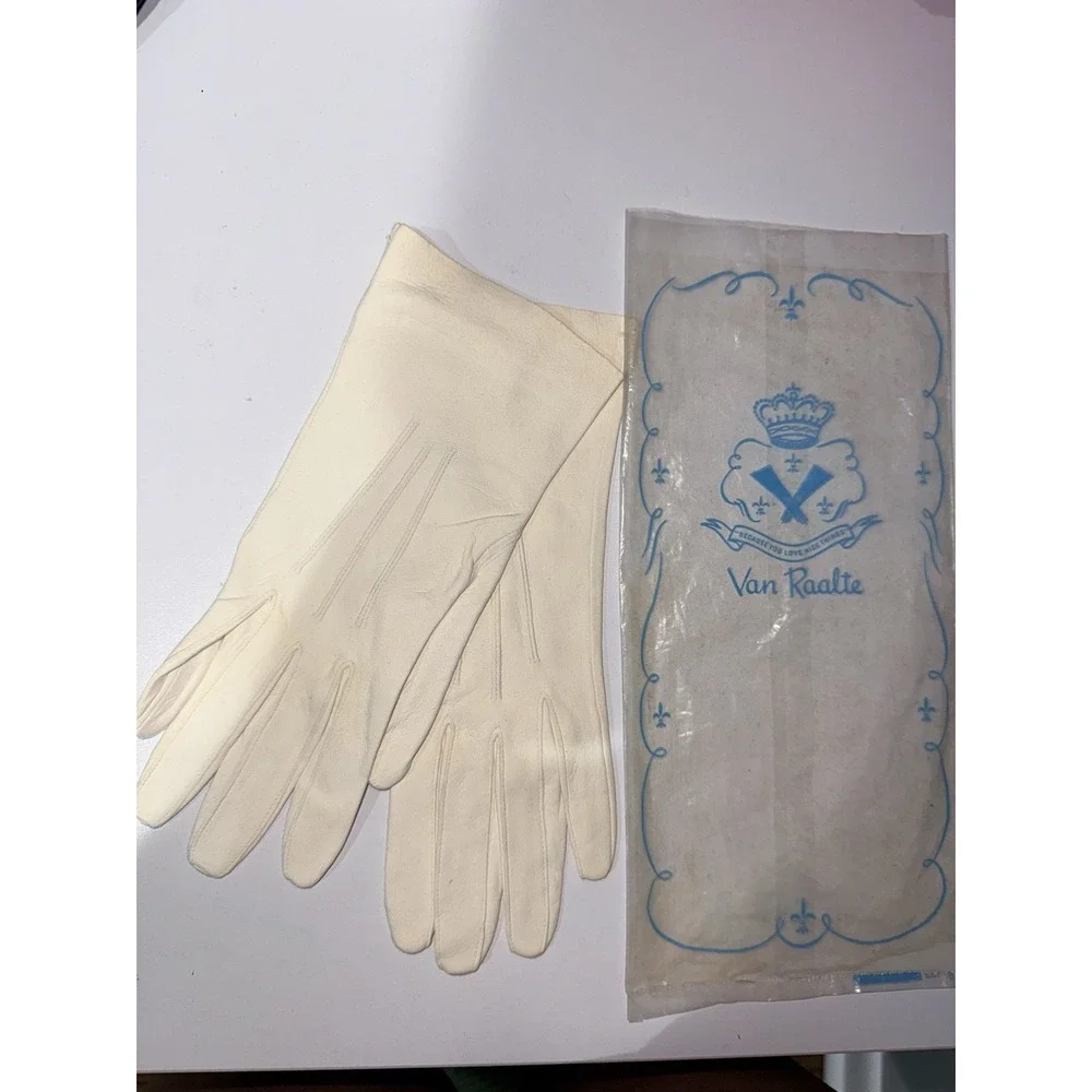 Vintage White Off White Kid Leather Gloves Van Raalte 6 1/2 long Cream Q